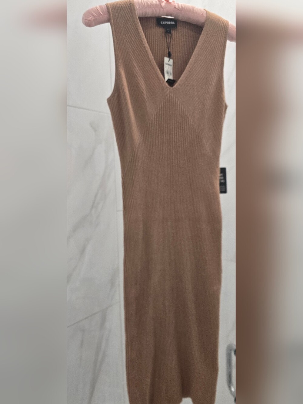 Express Ribbed Knit V-Neck, Sleeveless Midi Bodycon Dress Taupe/L.Brown, XS, NWT
